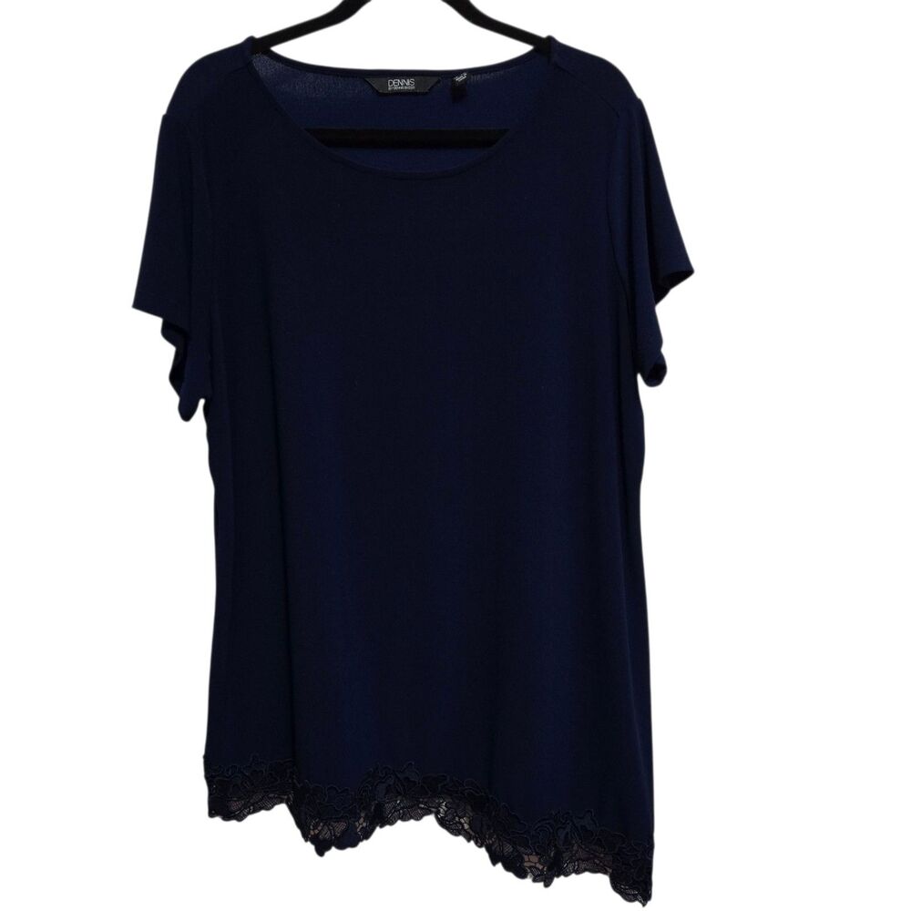 Dennis Basso Tunic Top Women's Size 1X Navy Blue Lace Hem Stretch Career